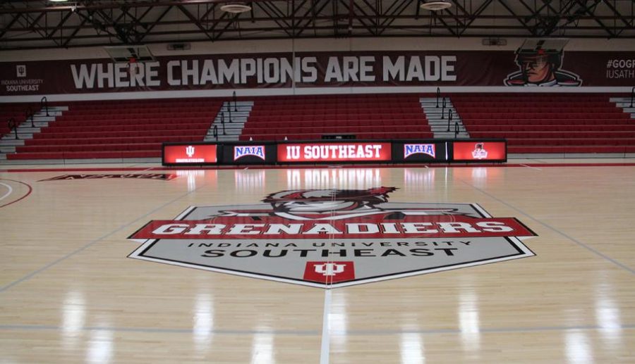 A closer look at the new IUS Athletics logo, part of the renovation to the Activities Buildings basketball court.
