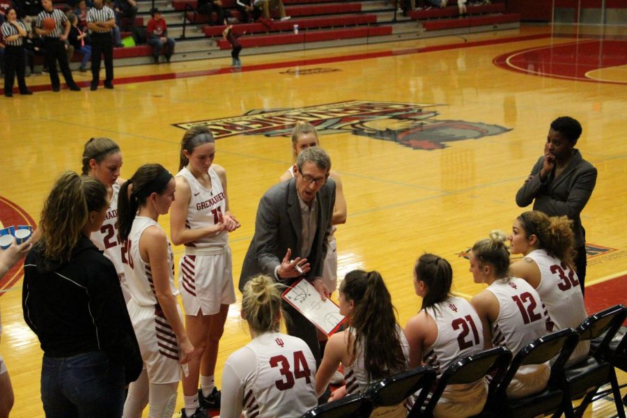 Head Coach Robin Farris uses a timeout to give instructions to his team during a home game against IU Kokomo on Feb. 20, 2020.
