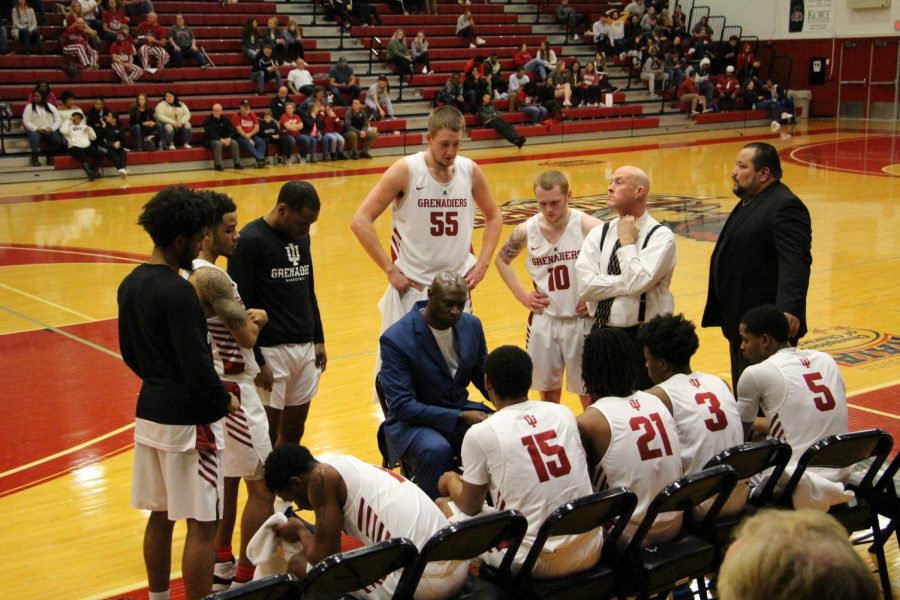 Head Coach Wiley Brown uses a timeout to strategize with his players during a home game against IU Kokomo on Feb. 18, 2020.