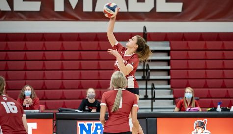 Freshman Outside Hitter Hannah Miller goes for a kill against IU Kokomo. The Bloomington South High School product had seven kills in the Grenadiers' loss against the Red Wolves.