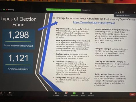 A photo taken of the Coming Together virtual event. Rhonda Wrzenski spoke about the different types of fraud that can occur in elections.