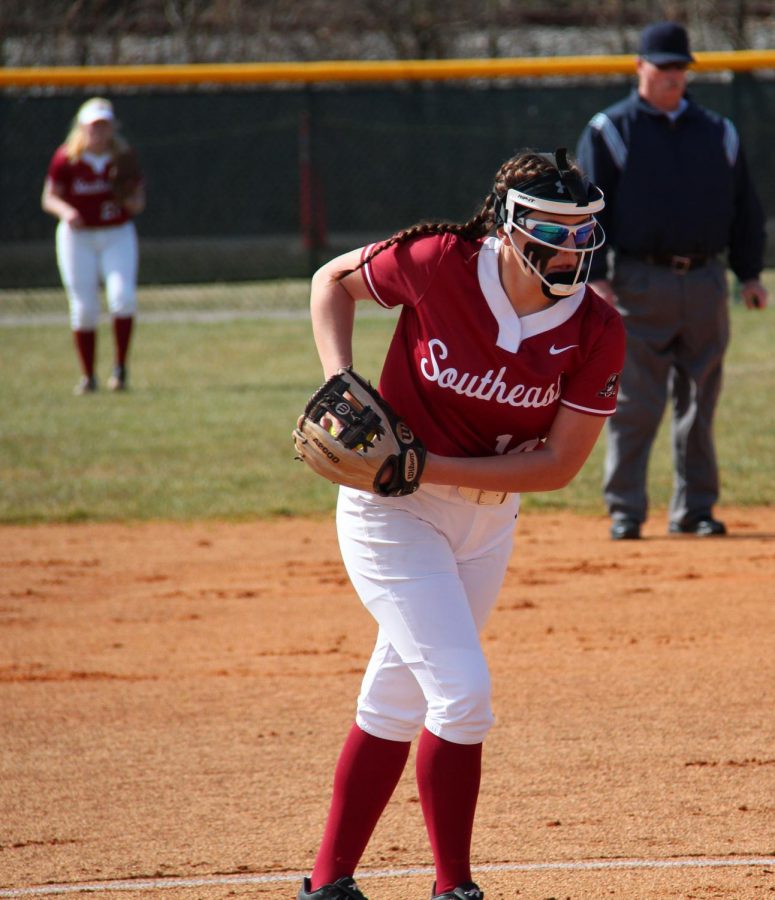 Freshman Brooklyn Gibbs winds up for a pitch against St. Mary-of-the-Woods College on March 4, 2020. After transferring from the University of Southern Indiana, Gibbs turned in an excellent first season as a Grenadier, going 9-0 with a 1.73 ERA, third-best in the RSC.