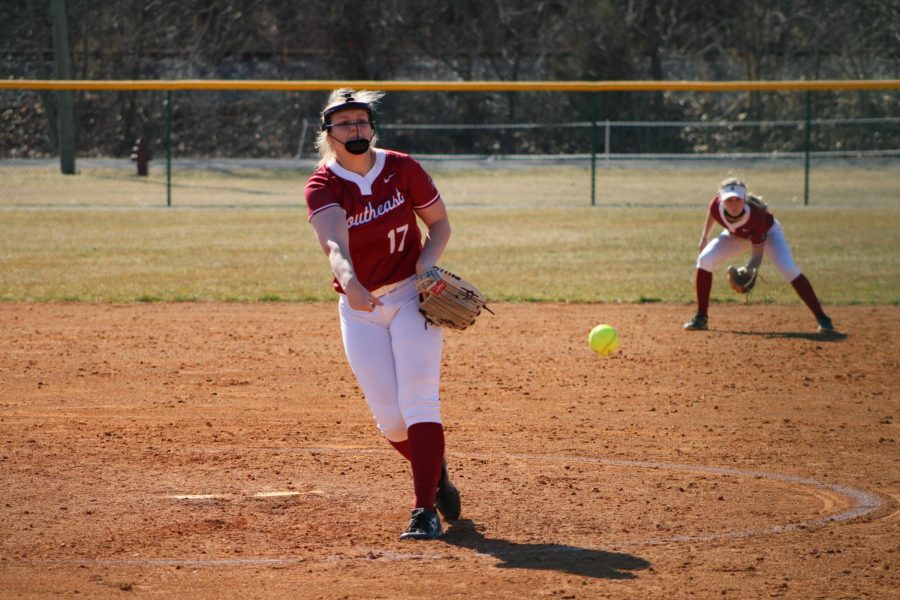 Grenadier pitcher Hannah Ogg fires a strike in game one of a doubleheader against #5 Marian University on March 3. Ogg appeared in both contests, pitching 10 innings while allowing three runs on eight hits.