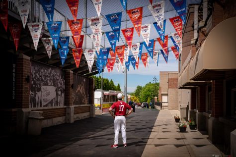IU Southeast Baseball skipper Ben Reel looks up at the pennants showing every team that has won the NAIA World Series since it began in 1957. Reel hopes that his #15 Grenadiers can add their name to that list as they will participate in the event in Lewiston, ID., for the first time in school history.