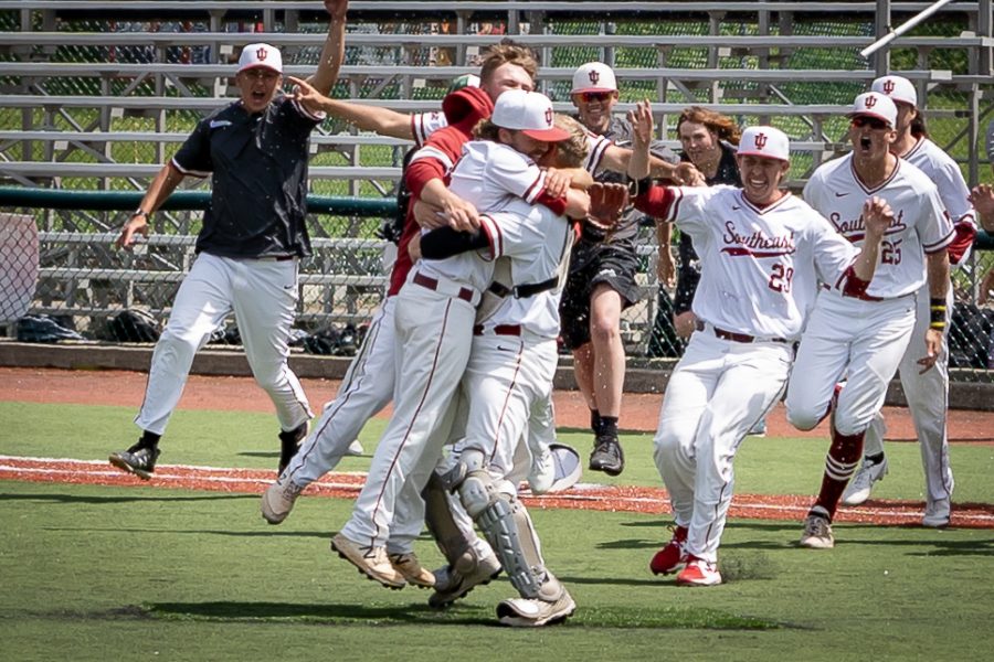 The+junior+pitcher-catcher+battery+of+Brenden+Bube+and+Brody+Tanksley+embrace+as+the+IU+Southeast+Baseball+team+storms+the+field+after+defeating+Point+Park+8-2+in+the+River+States+Conference+title+game.+The+%2318+Grenadiers+had+to+survive+three+consecutive+elimination+games+to+force+a+winner-takes-all+finale+and+win+their+first+RSC+Tournament+title+since+2011.