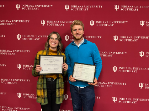 Junior Dannon Olsen (right) and senior Sadie Rothrock (left) smile with their awards from the Student Government Association. Olsen won “Best SGA Representative” and Rothrock won “Best Senator of the Year.