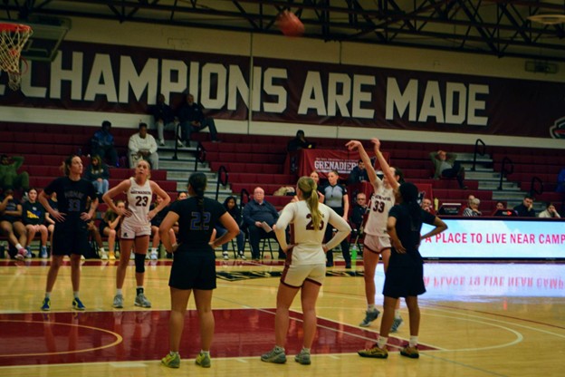IU Southeast’s #33 Ella Brown shoots a free throw as teammates #23 Morgan Roberts and #25 Linzie Wernert line up along the lane during the Grenadiers’ game against Midway University (KY) on Feb. 25, 2026, at IU Southeast.